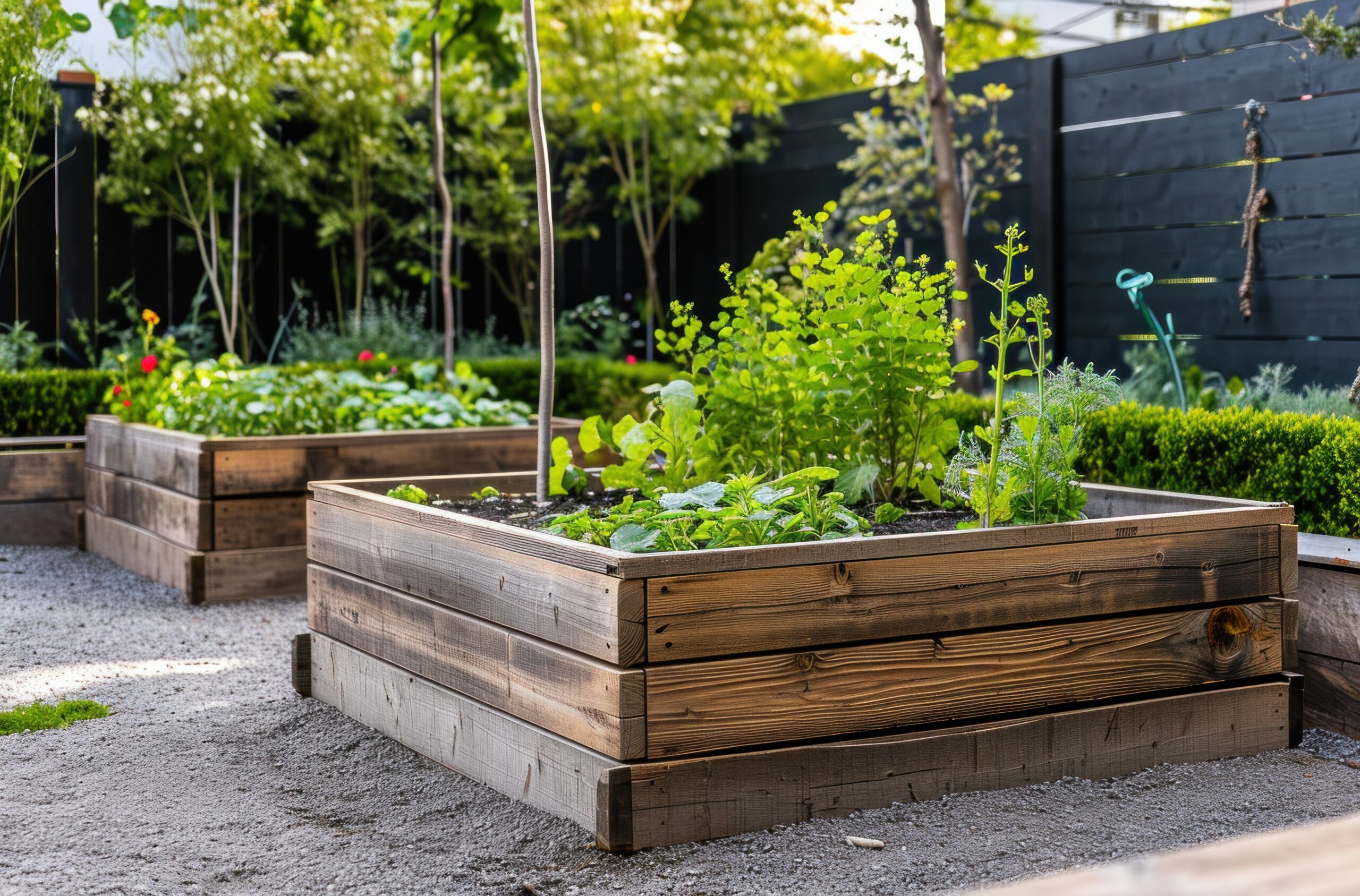 a raised bed garden with two wooden boxes in the middle